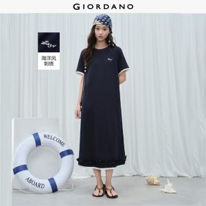 Giordano Women Contrast tipping embroidery frill trim dress Free Shipping 18466314