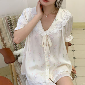 French Rabbit Printed Sleepwear Womens Short Sleeved Shorts Pyjamas Sweet Princess Style Ice Silk Two Piece Set Summer Sleepwear Home Clothes Can Be Worn Outside