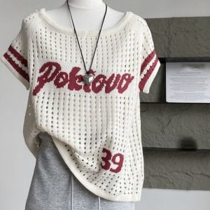 Yitiaoyu Knitted Hollow Jacquard Letter Short Sleeve T-shirt Loose Casual Top Womens Dress