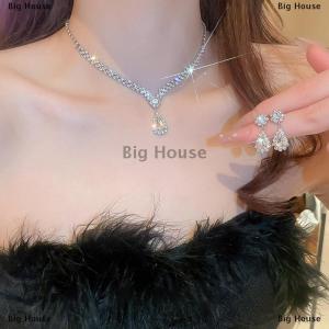 [COD] Big House Fashion Simple Water Drop Rhinestone Necklace Earrings For Women Wedding Bride Light Luxury Jewelry Sets Accessories