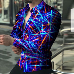 New mens shirts in summer color lines 3D printing long-sleeved single-breasted shirts fashion design ball party jacket S-6XL