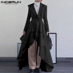 INCERUN Mens Streetwear Long Sleeve Lapel Ruffled Edge Solid Suits Party A-Line Midi Pleated Blazer (Korean Style) #241230
