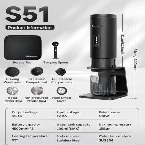 STARSEEKER S51 Portable Coffee Maker Travel Electric Capsule Espresso Machine With USB-C Wireless Heating Bottomless Extraction