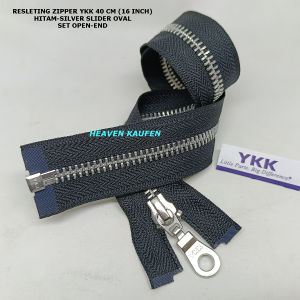 Resleting Zipper YKK 40 cm Atau 16 inch Hitam Silver Slider Oval Set Open End Buka Lepas Harga Per Biji