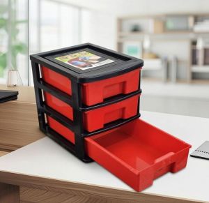 PORTABLE 3-TIER PLASTIC DRAWER TOOL BOX LENGTH 18CM × WIDTH 14CM × HEIGHT 20CM RED PLASTIC STORAGE BOX WITH 3 DRAWERS MULTIPURPOSE ORGANIZER FOR HOME AND OFFICE DESK