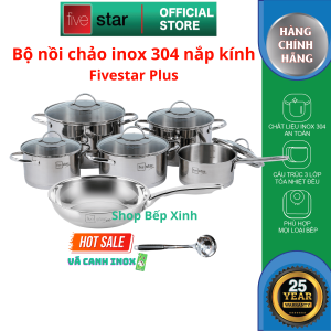 Bộ nồi chảo inox 304 FiveStar Plus FPB5003 nắp kính size quánh 16cm x nồi 16cm x 2 nồi 20cm x 1 nồi 24cm và chảo 3 lớp 24cm