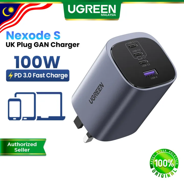 UGREEN Nexode S 100W 4 Port Charger USB C USB A PD3.0 GaN Infinity Safe Fast Charging Multiple Protection Thermal Guard Fast Charger Sleek Travel Home Office