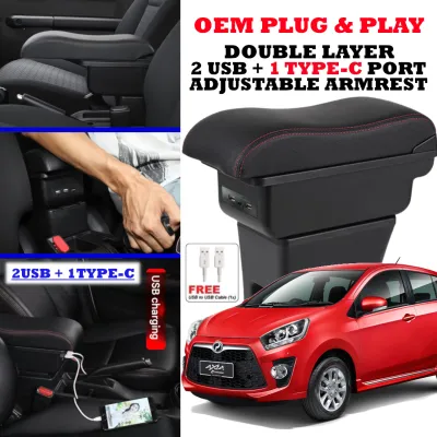Perodua Axia 2014-2022 Car OEM Armrest Arm Rest 3 Port Double Layer Storage Organizer Console Box Extender Compartment USB Type C Port