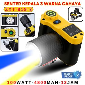 Senter Kepala Zoom MAX POWER 100 Wat 5000 Mah Cahaya Putih dan kuning Super Terang Tahan Lama Dan Tahan Air
