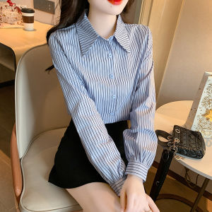 Ammin 2024 phong cách Hàn Quốc đơn giản ve áo thời trang r sọc đi lại Bông Áo Phụ nữ mùa xuân Một hàng khuy tay áo dài áo blouse thanh lịch