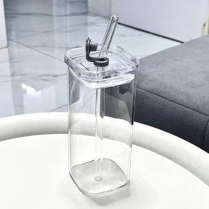 NUBE with Lid Glass Cup High Borosilicate Heat Resistant Coffee Mug Beverage Glassware Square Straw Cup Travel
