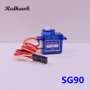 Redhawk Micro Servo 9g SG90 for RC Planes Helicopter Parts Steering Gear Toy Motors. Blue plastic housing with red and yellow wires. Suitable for airplane construction kits.