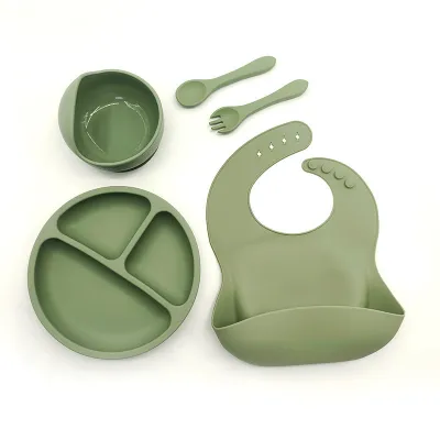 5pcs Baby Silicone Feeding Set Suction Bowl Plate Bib Spoon Fork | BPA Free Weaning Tableware