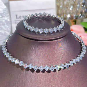 SEQUITO Expensive Ladies Jewelry Set Full Pave Setting Princess Cut AAAAA Cubic Zircon Yellow Gold Color Royal Adjustable Choker Necklace for Dancing Party SJ386