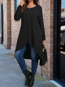 Plus Size Womens Elegant Asymmetrical Hem Long Sleeve T-Shirt  Round Neck Casual Top Solid Color All-Season Clothing Pullover2026