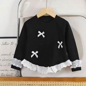 เด็กผู้หญิงแขนยาวด้านบนใหม่ / โบว์ / เด็กเสื้อผ้าฤดูใบไม้ผลิและฤดูใบไม้ร่วงตีเสื้อ