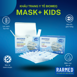Hộp 50 cái khẩu trang 4 lớp trẻ em Biomeq Mask+ Kids kháng khuẩn mềm mịn: Trên 8 tuổi