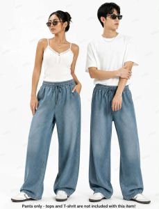 DD ..Men Casual Wide Leg Full Length Pants with Elastic Waist and Plain Pattern