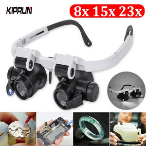 KIPRUN 8X15X23X Telescope Magnifier Dual,2LED Head-Mounted Illuminating Microscope Headband Repair LED Lamp Light Magnifying Glass with 8x 15x 23x Magnifier Loupe
