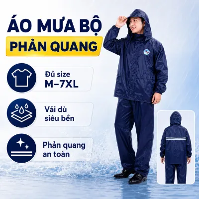 Áo Mưa Bộ Vải Dù Có Phản Quang Siêu Bền Không Thấm Nước Đủ Size Từ M Đến 7XL Hàng Sundo