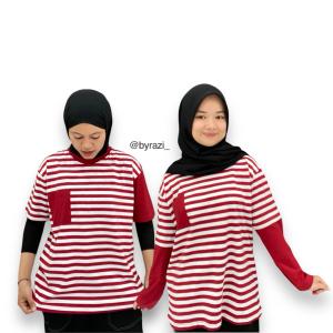 byrazi Baju Couple Pria Wanita Oversize Merah Putih Belang-Belang Lengan Pendek Panjang