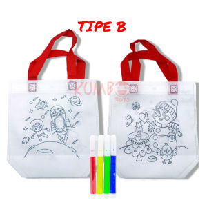 Mainan Edukasi Tas Spundbond Mewarnai 2 Sisi Bergambar DIY Coloring Goodie Bag Souvenir Ulang Tahun