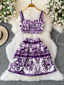 New Luxury Design Palace Print Set: Short Camisole Top + High-Waist Anti-Slip Short Skirt Womens Fashion H260729