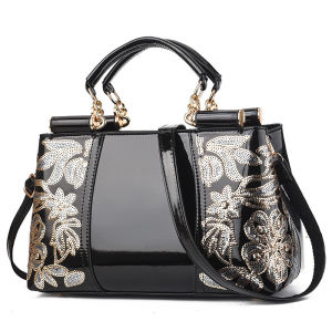 Womens Bag 2024 New fashion Embroidered Womens Handbag Large Capacity Bright Leather Middle-aged Womens Bag Shoulder Crossbody Bag