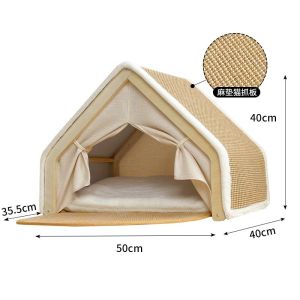 2 In 1Cat Houses Large Cat Bed Cave with Natural Sisal Cat Scratcher Mat Solid Wood Cat Tent with Curtains