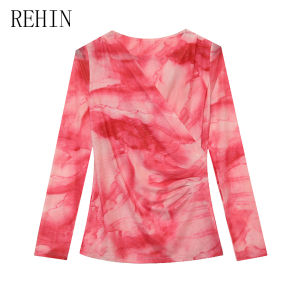 REHIN Spring/Autumn New V-Neck Ruched Pullover Long-Sleeve T-Shirt Red Tie-Dye Print Ultra Slim-Fit Fashionable Womens Top
