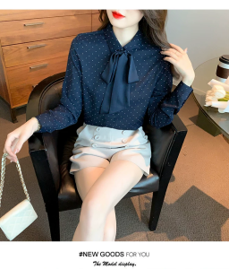 Polka dot bow long sleeved shirt for womens autumn and winter 2026new fashionable womens shirt
