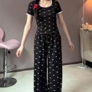 Set Đồ Bộ Nơ Thun TĂM LẠNH Áo Tay Ngắn Viền Ren + Quần Suông Dài Nữ Thời Trang