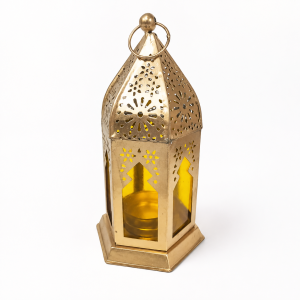 Metal & Glass Hanging Candle Lantern with Red Panels | Decorative Tealight Holder for Home Festive & Pooja Decor (Pack of 1 Pc | Size - 6*3.5 Inches)