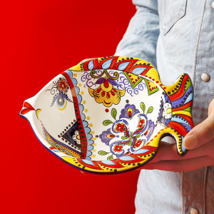 OMK OMK American Style Hand-painted Ceramic Salad Bowl Fish Shape Fruit Plate Large Capacity Service Bowl Home Decoration