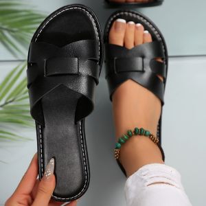 Free Shipping Plus-Size WomenS Flat Sandals 2026 Summer New Collection Round-Toe Leather Patchwork Solid-Color Sandals Beach Flip-Flops For Women