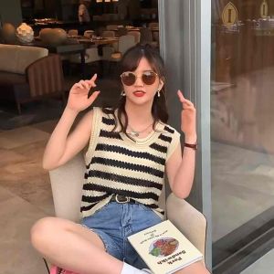 new arrivals ice knitted sando blouse /knitted stripe design fashion top/korean style strip blouse