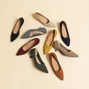 yangpa123 Womens Knit Kitten Heels Solid Color Pointed Toe Slip On Low Heels Comfy Breathable Shoes