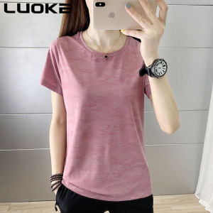 Luoke Annie-sukan sukan T Shirt wanita Plus saiz sutera ais luar pusingan leher cepat-pengeringan sukan lengan pendek berjalan Yoga pakaian wanita kecergasan kelembapan elastik Wicking sukan memakai wanita