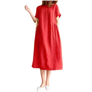 Japanese Style Linen Cotton Dress Plus Size Solid Color A-Line Long Skirt Large Pocket Dress