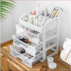 Kệ Tủ Đựng Mỹ Phẩm Đồ Trang Điểm Trong Suốt 4 Tầng 3 Ngăn Kéo Để Bàn Phòng Làm Việc Tiện Dụng