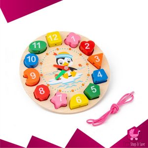 BabyShop-M330 Mainan Edukasi Anak Puzzle Jam Kayu Motif Penguin Lucu Puzzle Jam Dinding Mainan Kayu