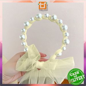 OFM-C935 Bandana Mutiara Pita Tulle Panjang Bisa diikat Wanita Korea / Bando Mutiara Tali Kepang Ribbon Pearl / Bando Anak Perempuan / Bando Tali Kepang Import