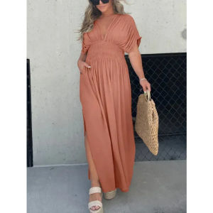 Elastic Waist Slim Dress Summer Solid Color Long Split VNeck Dresses