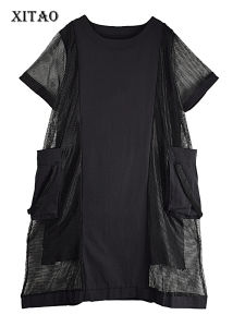 XITAO O-neck Short Sleeve A-line Dress Solid Color Patchwork Hollow Out  Street Trendy Summer Women  Dress GJ1045