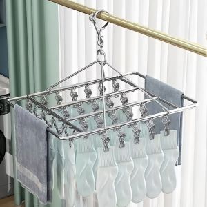 10~62 Clips Clothes Drying Rack with Clips Stainless Steel Drying Hanger Multi Clip Windproof Balcony Laundry Drying Hanger