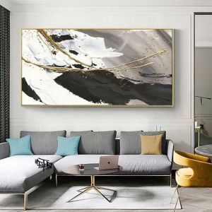 Lukisan dinding abstrak white black modern art painting plus frame FUTURE ART PAINTING
