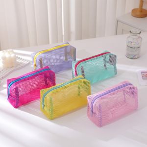 MKEB Mesh Cosmetic Bag Transparent Dopamine Zipper Coin Purse Portable Large Capacity Travel Toiletry Bag for Women Girls