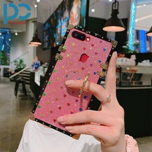 For OPPO A7 / OPPO A5S / OPPO A12 / OPPO A11K Luxury Square Fashion Small Love Heart Sparkling Soft TPU Phone Case All-inclusive Frame Shockproof And Drop-proof + Diamond Bracket