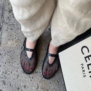 Giày ballet mũi tròn lưới một dây cho phụ nữ với giá khuyến mãi ins Giày bệt kim cương đầy đủ giày Mary Jane rỗng giày lưới cá