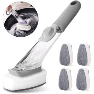 Kitchen Bruch With 3 Refill ReplacementKitchen Dish Wash Dispenser Sponge Brush Refillable Liquid Long Handle Cleaning Pot Household Kitchen Tools Cleaning Sponge Brush